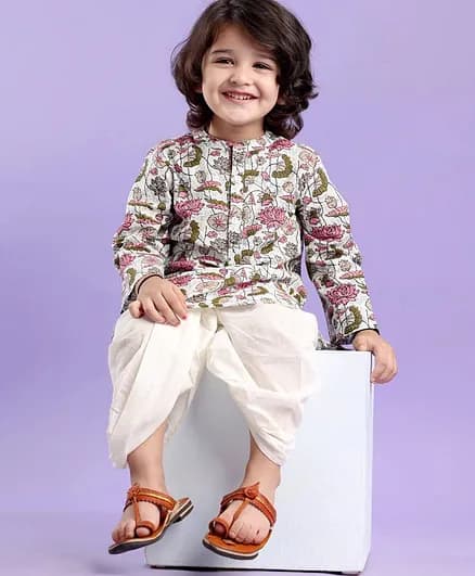 Babyhug 100% Cotton Woven Full Sleeves Floral Print Kurta & Dhoti Set - White
